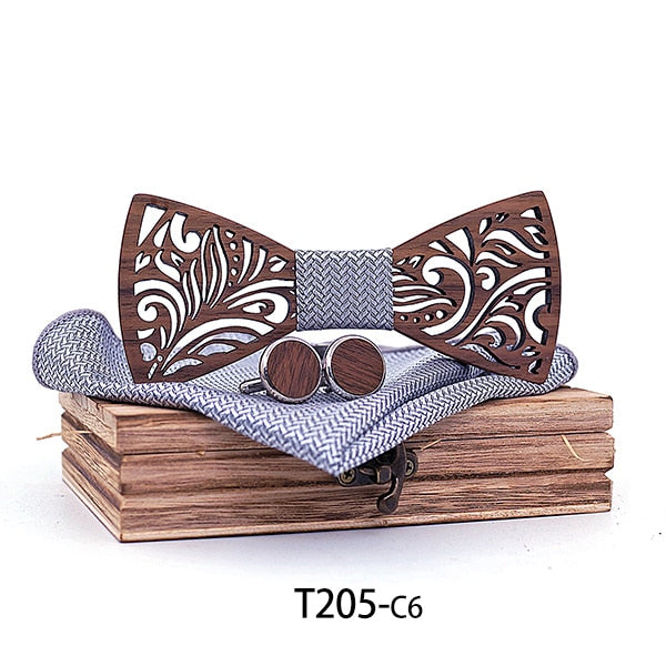 Carved Wooden Bow Tie with Cufflinks