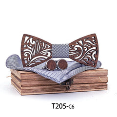 Carved Wooden Bow Tie with Cufflinks