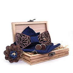 Men's Wooden Bow Tie, Handkerchief, Cufflinks and Brooch Set