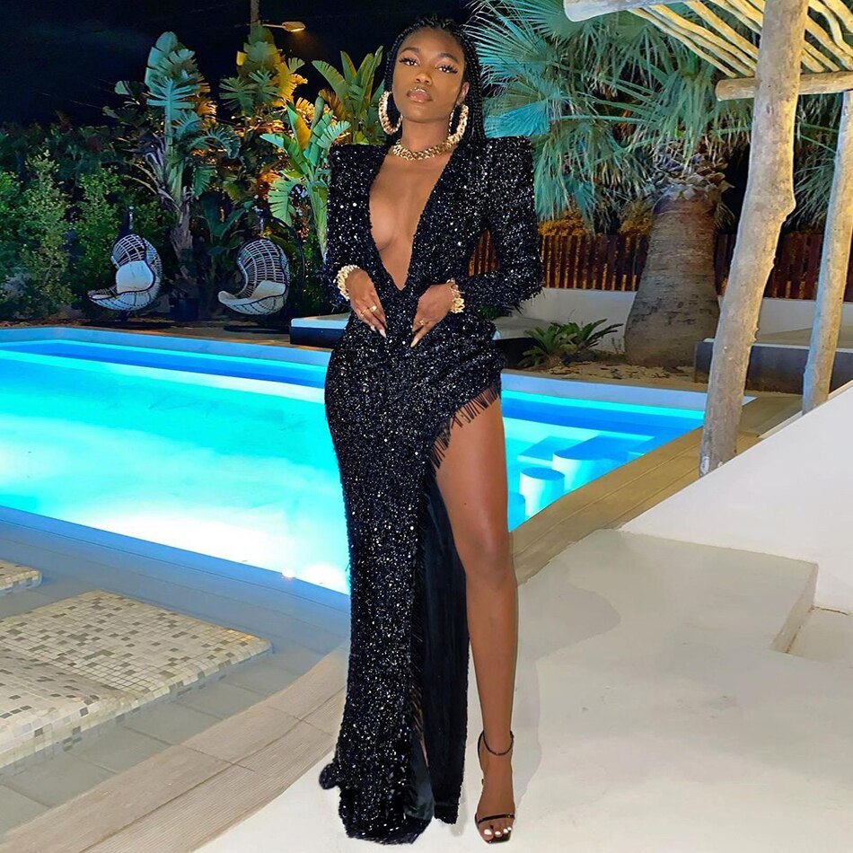 Women's Long Sleeved V-Neck Sequin Party Dress