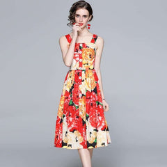 Women's Spaghetti Strap Backless Midi Dress with Floral Print
