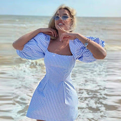 Women's Plaided Puff Sleeve Dress