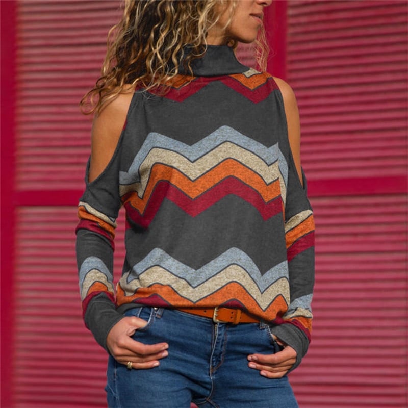 Women's Geometrical Printed Cold Shoulder Pullover
