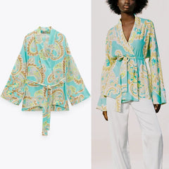 Women's Printed Summer Blouse with Belt