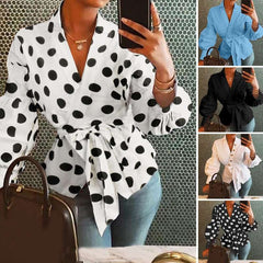 Women's Belted Loose V-Neck Blouse with Lantern Sleeves