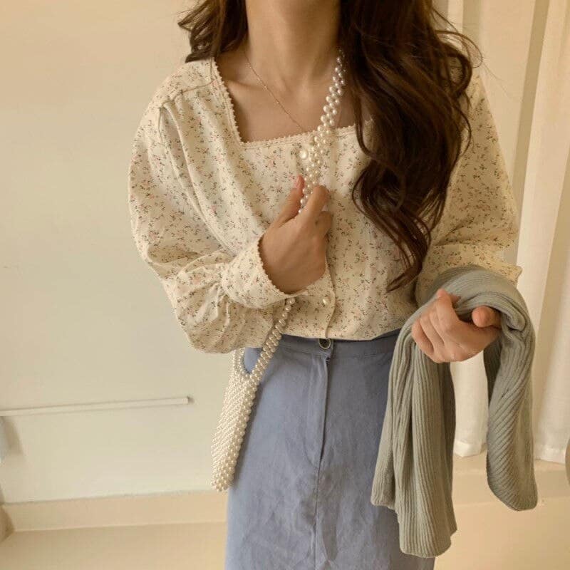 Women's Floral Blouse with Square Collar
