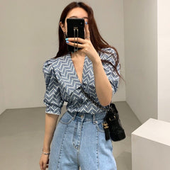 Vintage Striped Puff Sleeve Blouse