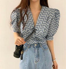 Vintage Striped Puff Sleeve Blouse