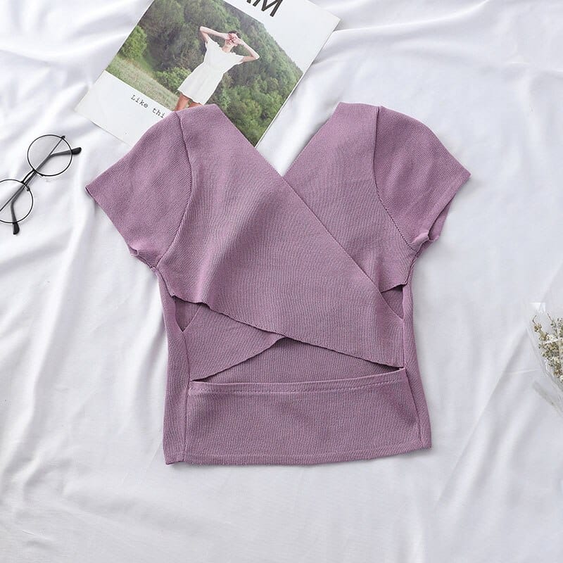 Women's Knitting V-Neck Crop Top