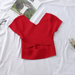 Women's Knitting V-Neck Crop Top