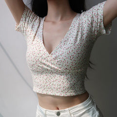 Vintage Floral Printed Cross Crop Top