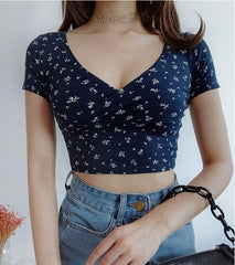 Vintage Floral Printed Cross Crop Top