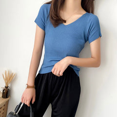 Women's Knitted V-Neck Basic Slim Top