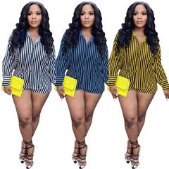 Women's Striped Long Sleeve Shirt and Shorts Set