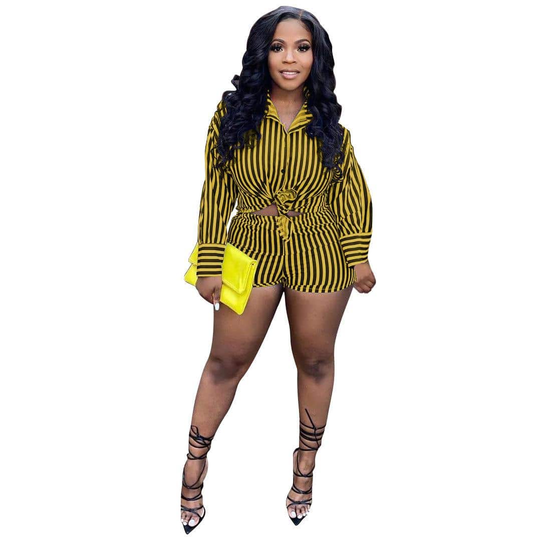 Women's Striped Long Sleeve Shirt and Shorts Set