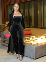 Women's Velvet Jumpsuit and Cardigan Set