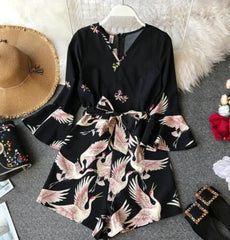 Women's Summer Bird Printed Black Romper