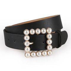 Women's Simple Square Shaped Buckle Belt with Pearls