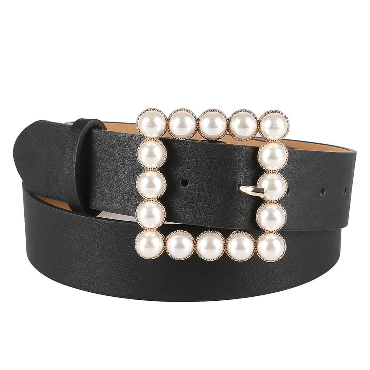 Women's Simple Square Shaped Buckle Belt with Pearls
