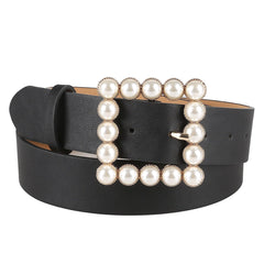 Women's Simple Square Shaped Buckle Belt with Pearls