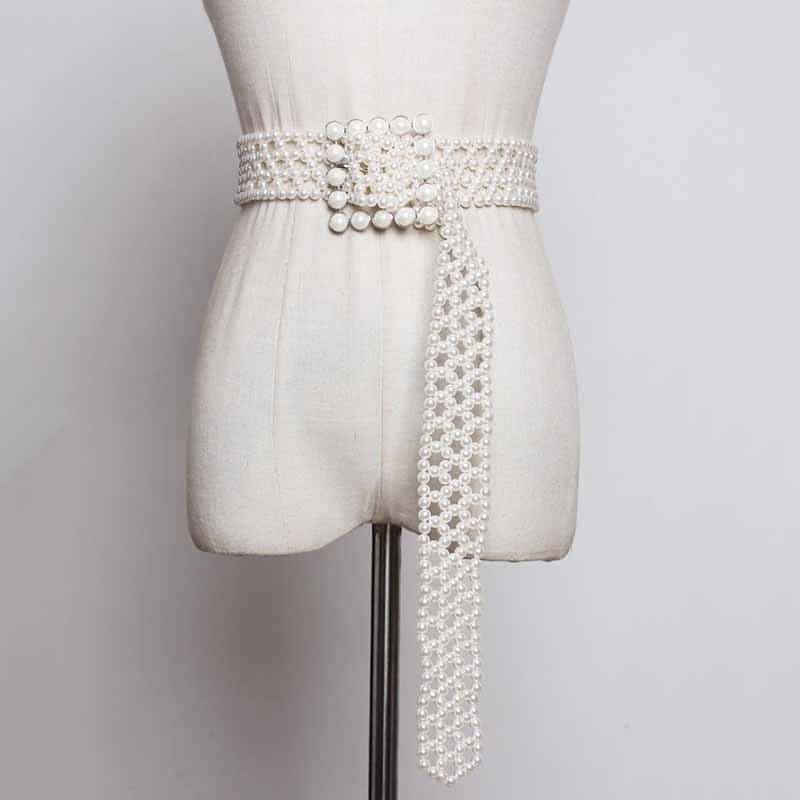 Women's Long Wide Belt with Pearls