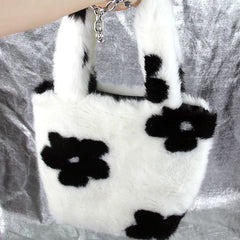 Women's Black and White Plush Tote Bag