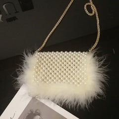 Women's Elegant Faux Fur Pearl Evening Clutch Bag