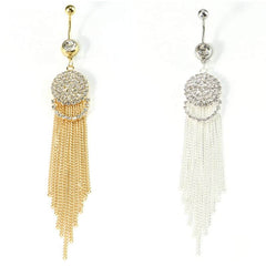 Luxurious Steel Tassel Belly Button Ring with Rhinestone Round Pendant