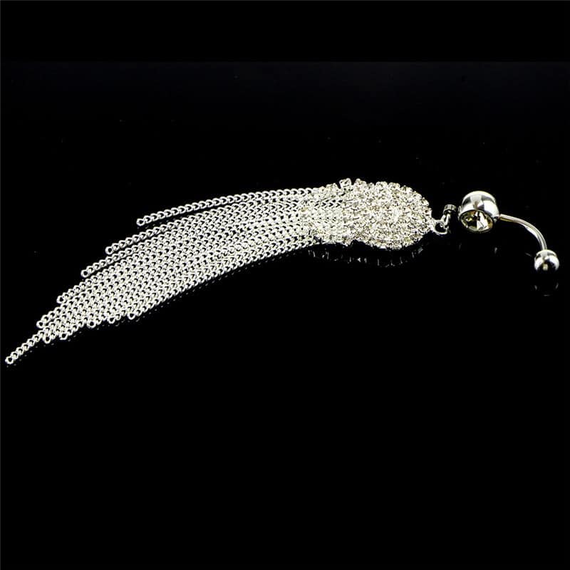 Luxurious Steel Tassel Belly Button Ring with Rhinestone Round Pendant