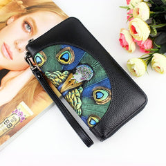 Fashionable Women's Wallet Made of Genuine Leather with a Picture of a Peacock