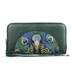 Fashionable Women's Wallet Made of Genuine Leather with a Picture of a Peacock