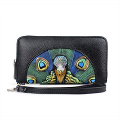 Fashionable Women's Wallet Made of Genuine Leather with a Picture of a Peacock