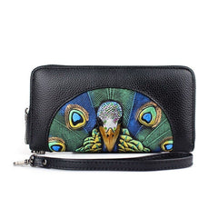 Fashionable Women's Wallet Made of Genuine Leather with a Picture of a Peacock