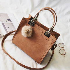 Women's Suede Leather Handbag with Fur Ball