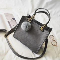 Women's Suede Leather Handbag with Fur Ball