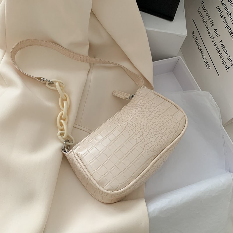 Women's Crocodile Patterned Chain Mini Baguette Bag
