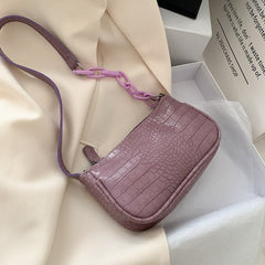 Women's Crocodile Patterned Chain Mini Baguette Bag