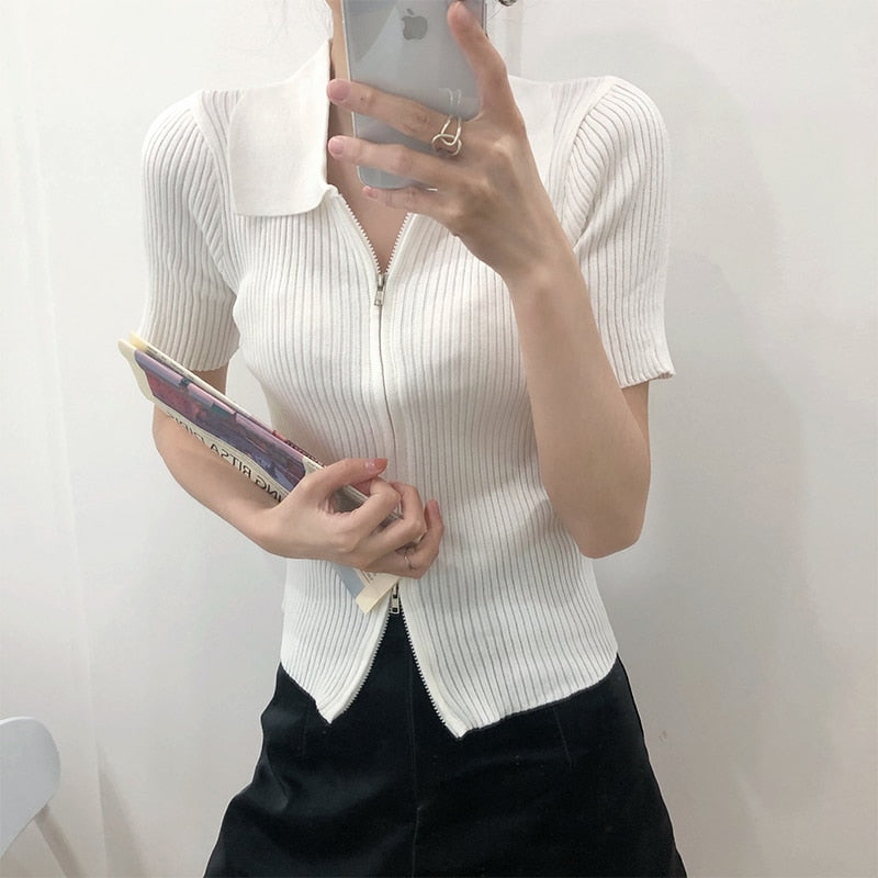 Women's Polo Collar Slim Knitted Top