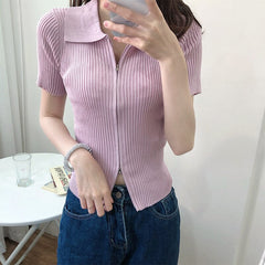 Women's Polo Collar Slim Knitted Top