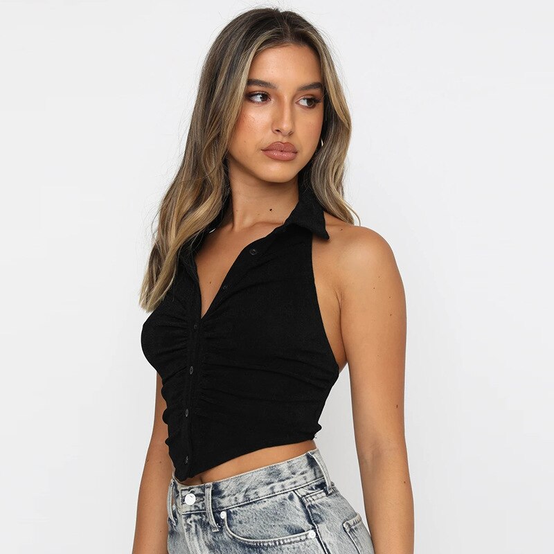 Women's Turn Down Collar Backless Black Crop Top