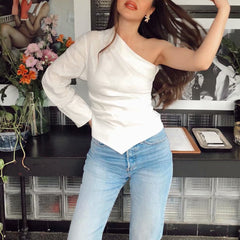 One Shoulder White Blouse for Women
