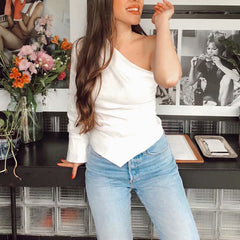 One Shoulder White Blouse for Women