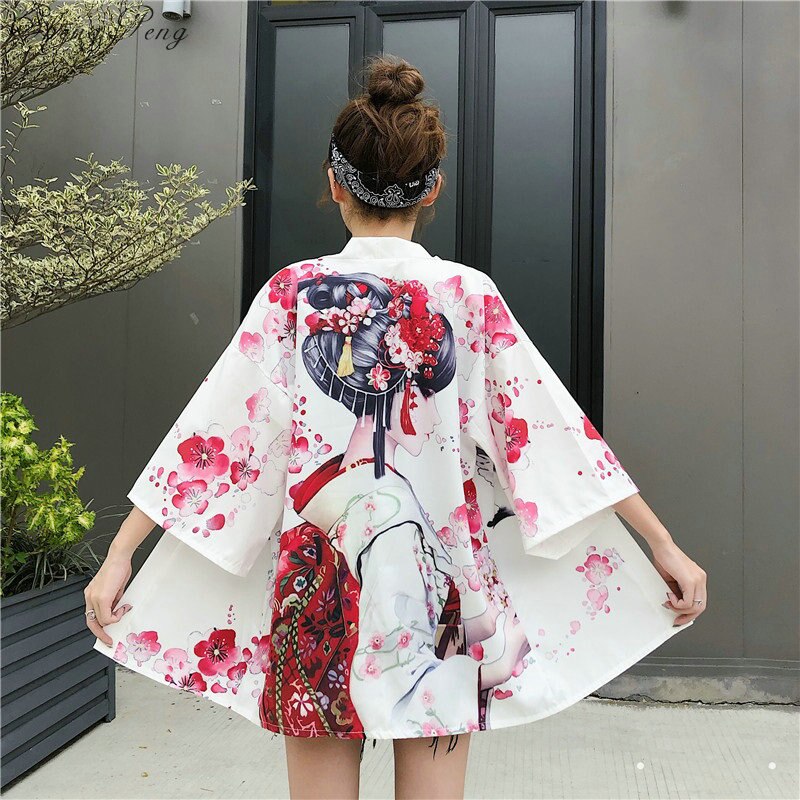 Women's Japanese Red Fish Printed Kimono