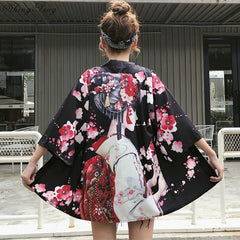 Women's Japanese Red Fish Printed Kimono