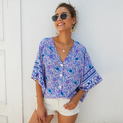 V-Neck Women's Blouse in Vintage Style
