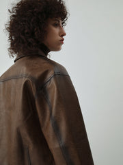 Open Collar Distressed Leather Crop Blazer