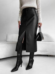 Faux Leeather Slit Midi Skirt