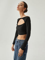 Boat Neck Twisted Cutout Crop Shirt