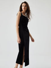 Rhinestone Beaded Trim Velvet Split Cami Midi Dress
