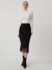 Middle Waist Ribbed Knit Tassel Midi Skirt
